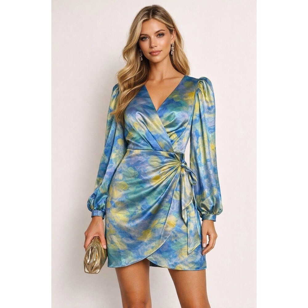 BELLE BADGLEY MISCHKA LOLA SATIN JACQUARD WRAP DRESS BLUE GREEN PRINT SZ 10 GUC
